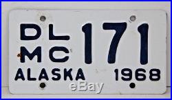 1968 Dealer Motorcycle Alaska License Plate White & Blue Mega Rare