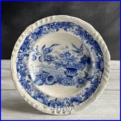 19th Century Childs Plate Blue And White Transferware Shells Birds Cornucopia