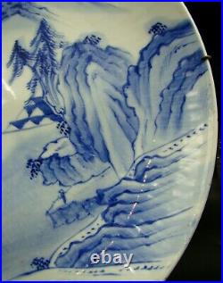 19th Japanese Imari Arita Blue & White Porcelain Charger Painted Mountain Scenes