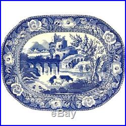 19th c Blue & White English Staffordshire Transferware Platter with Cows and Well