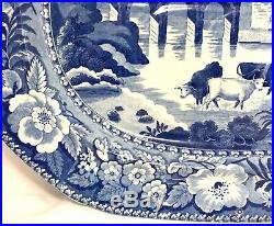 19th c Blue & White English Staffordshire Transferware Platter with Cows and Well