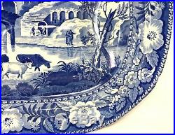 19th c Blue & White English Staffordshire Transferware Platter with Cows and Well