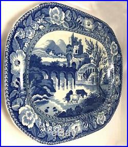 19th c Blue & White English Staffordshire Transferware Platter with Cows and Well