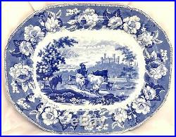 19th c Blue & White English Staffordshire Transferware Platter with Farmer/Cows
