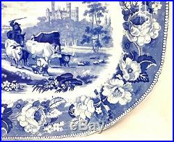19th c Blue & White English Staffordshire Transferware Platter with Farmer/Cows