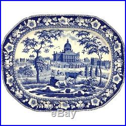 19th c Blue & White Staffordshire Transferware Platter with MA State House