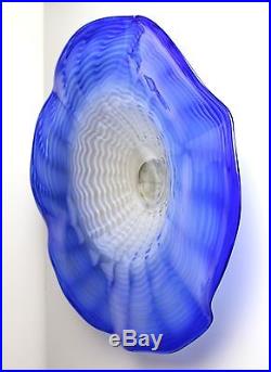26 Hand Blown Art Glass Table Platter Plate Blue White with Wall Hanging Mount