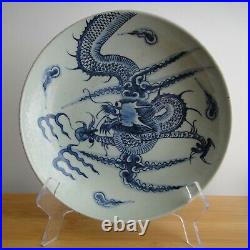 27cm. Chinese Antique DRAGON Porcelain Blue and White Ceramic Plate Handpainted