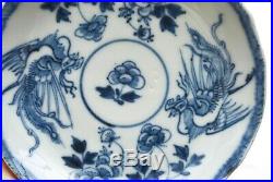 2 18th Century Chinese Blue & White Porcelain Dish Plate Saucer Phoenix