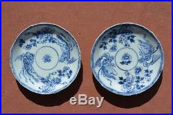 2 18th Century Chinese Blue & White Porcelain Dish Plate Saucer Phoenix