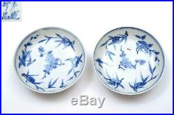 2 Chinese 17C Kangxi Blue & White Chrysanthemum Flower Porcelain Dish Plate Mk