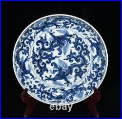34CM Xuande Signed Old Chinese Blue and White Dish Plate Withdragon N3080