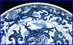 34CM Xuande Signed Old Chinese Blue and White Dish Plate Withdragon N3080
