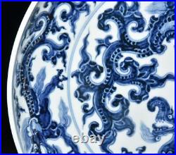 34CM Xuande Signed Old Chinese Blue and White Dish Plate Withdragon N3080