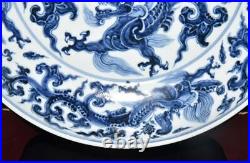 34CM Xuande Signed Old Chinese Blue and White Dish Plate Withdragon N3080