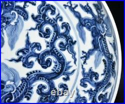 34CM Xuande Signed Old Chinese Blue and White Dish Plate Withdragon N3080