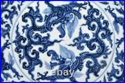 34CM Xuande Signed Old Chinese Blue and White Dish Plate Withdragon N3080