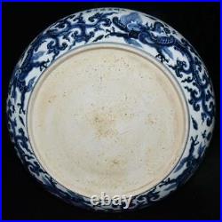 34CM Xuande Signed Old Chinese Blue and White Dish Plate Withdragon N3080