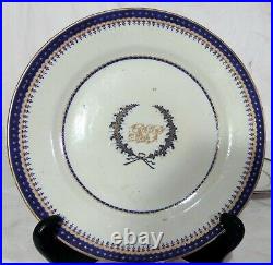 3 18th C Chinese Export Porcelain Blue White Armorial Plates Cobalt Crest Wreath