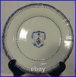 3 18th C Chinese Export Porcelain Blue White Armorial Plates Cobalt Crest Wreath