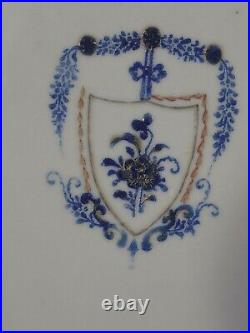 3 18th C Chinese Export Porcelain Blue White Armorial Plates Cobalt Crest Wreath