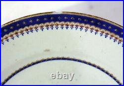 3 18th C Chinese Export Porcelain Blue White Armorial Plates Cobalt Crest Wreath