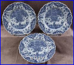 3 Antique 18th C. Dutch Delft Blue & White Plates in the Tea Tree Pattern #1