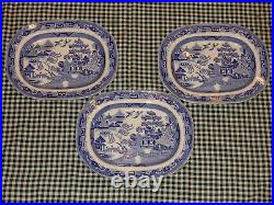 3 Antique Furrow Back Blue & White Willow Platters, 40cm wide, CR&S, c. 1820-40