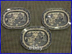 3 Antique Furrow Back Blue & White Willow Platters, 40cm wide, CR&S, c. 1820-40