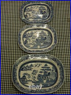 3 Antique Furrow Back Blue & White Willow Platters, 40cm wide, CR&S, c. 1820-40