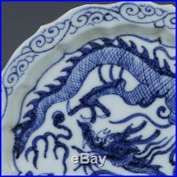 3 China old antique Porcelain Ming Blue & white Dragon Saucer Plate