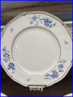 3 HTF Wedgwood Ashbury DinnerPlates England Bone China Blue White Gold Trim Rare