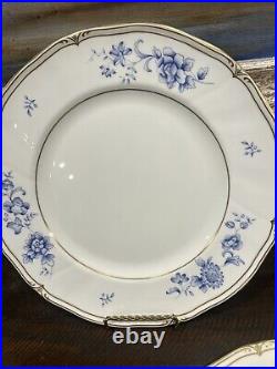 3 HTF Wedgwood Ashbury DinnerPlates England Bone China Blue White Gold Trim Rare