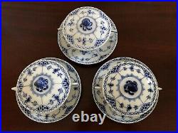 3 Sets Royal Copenhagen Blue Fluted Half Lace Cream Soup Bowls, Lids & Saucers