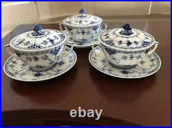 3 Sets Royal Copenhagen Blue Fluted Half Lace Cream Soup Bowls, Lids & Saucers