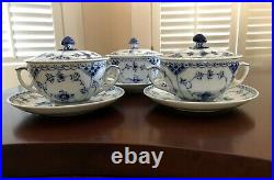 3 Sets Royal Copenhagen Blue Fluted Half Lace Cream Soup Bowls, Lids & Saucers