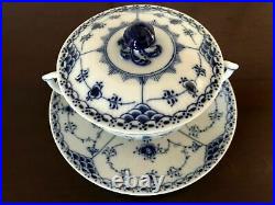 3 Sets Royal Copenhagen Blue Fluted Half Lace Cream Soup Bowls, Lids & Saucers