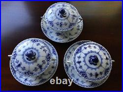 3 Sets Royal Copenhagen Blue Fluted Half Lace Cream Soup Bowls, Lids & Saucers