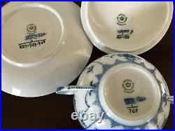 3 Sets Royal Copenhagen Blue Fluted Half Lace Cream Soup Bowls, Lids & Saucers