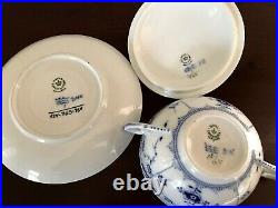 3 Sets Royal Copenhagen Blue Fluted Half Lace Cream Soup Bowls, Lids & Saucers