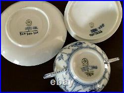 3 Sets Royal Copenhagen Blue Fluted Half Lace Cream Soup Bowls, Lids & Saucers