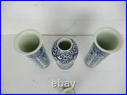 3 pcs Delft Blue Pottery Garniture Set 2 Vases Matching Covered Urn Foo Dog