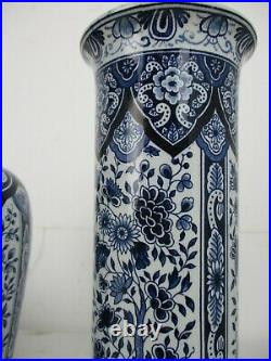 3 pcs Delft Blue Pottery Garniture Set 2 Vases Matching Covered Urn Foo Dog
