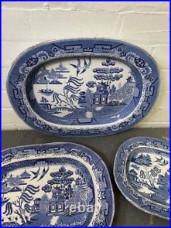 3x Large Antique Willow Pattern Staffordshire Stone China Platter Blue & White
