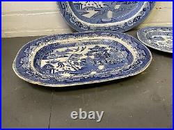 3x Large Antique Willow Pattern Staffordshire Stone China Platter Blue & White