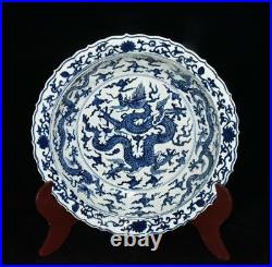 43CM Chenghua Signed Old Chinese Blue and White Dish Plate Withdragon N3079