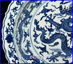 43CM Chenghua Signed Old Chinese Blue and White Dish Plate Withdragon N3079