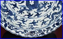 43CM Chenghua Signed Old Chinese Blue and White Dish Plate Withdragon N3079