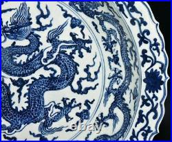 43CM Chenghua Signed Old Chinese Blue and White Dish Plate Withdragon N3079