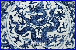 43CM Chenghua Signed Old Chinese Blue and White Dish Plate Withdragon N3079
